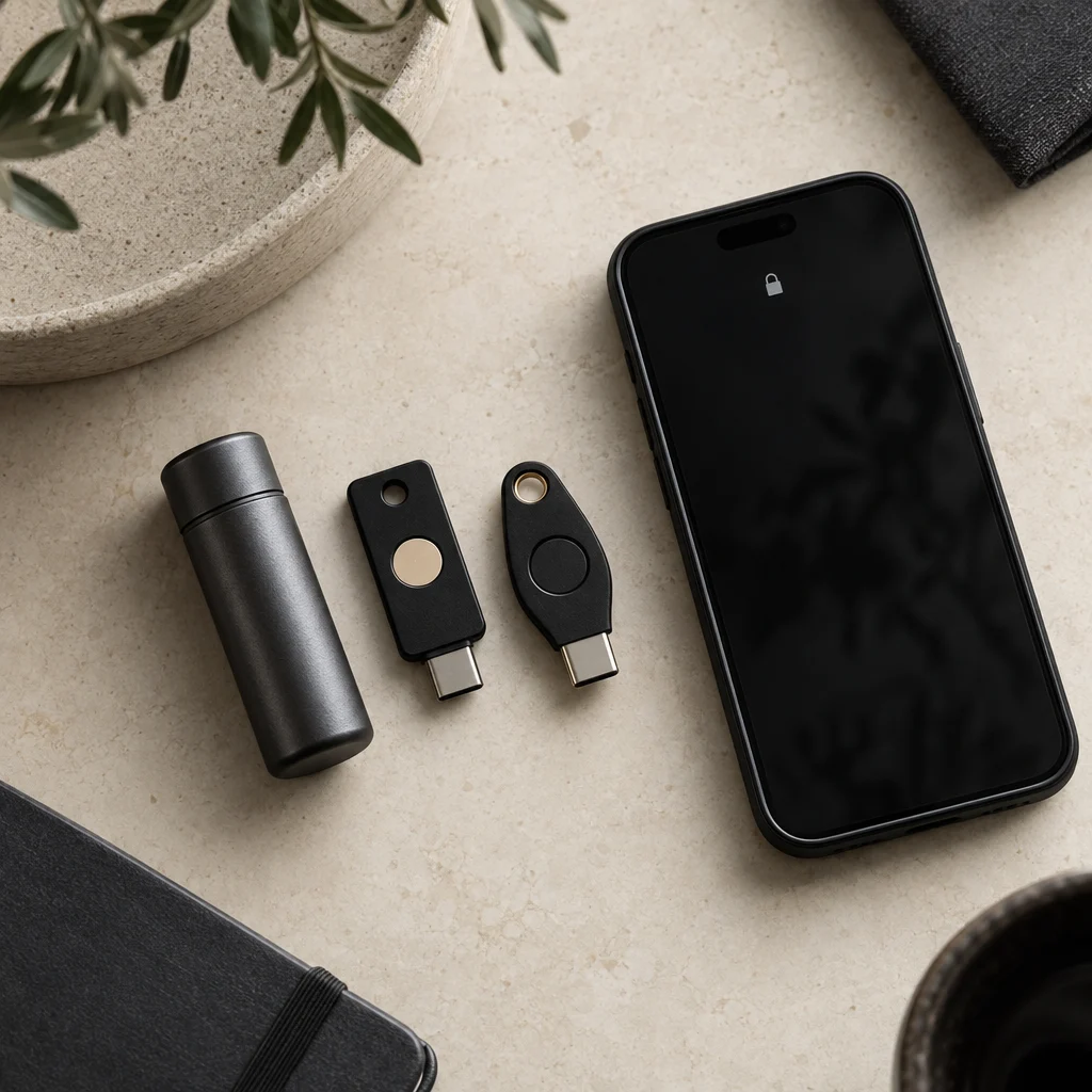 YubiKey 5C NFC · two-key plan equipment on a stone surface